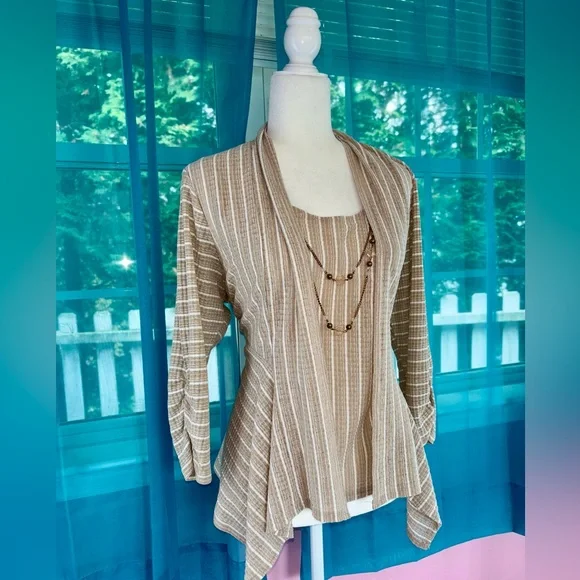 Alfred Dunner Cream White Petite Medium Latte Stripe Twinset Top w/ Necklace NWT - Picture 2 of 12